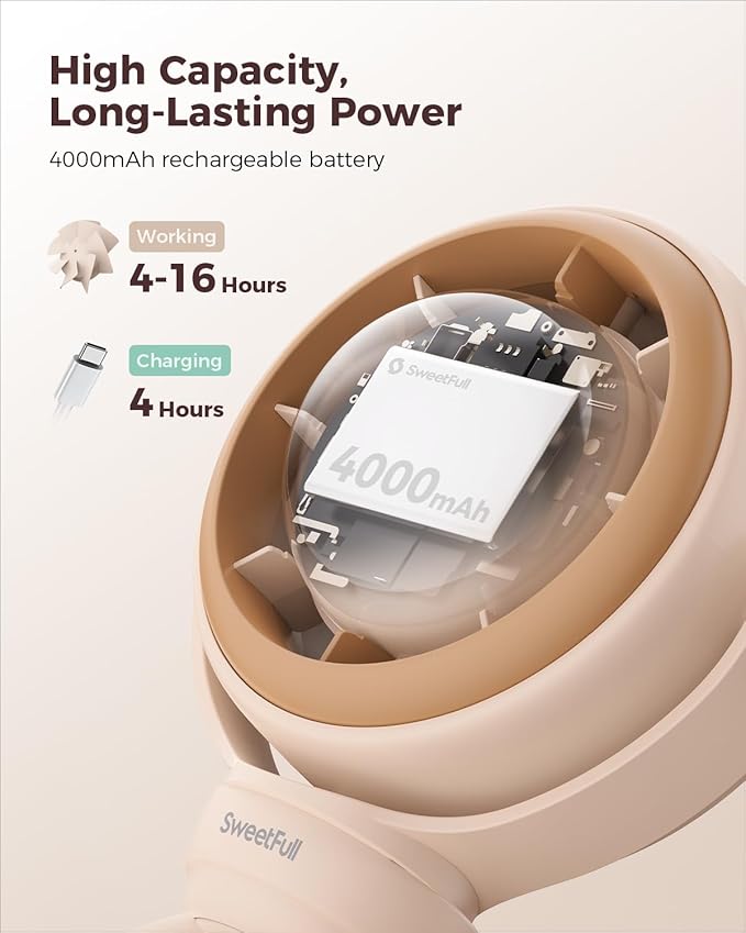 SWEETFULL Baby Stroller Fan - 4000mAh Rechargeable 4-Speed Quiet with LED Display & Night Light, Mini Portable 360° Clip On Safe Fan for Car Seat, Crib, Travel - Brown-BubblyBeeBaby