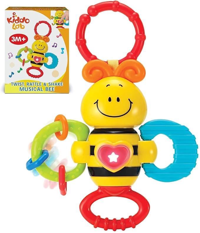 KiddoLab Twist & Rattle Musical Bee Light-Up Toy and Teething Ring for Toddlers - Sensory Chew and Fine Motor Skills Toy for Newborn - Baby Rattle and Teething Toys for 3+ Months Babies-BubblyBeeBaby