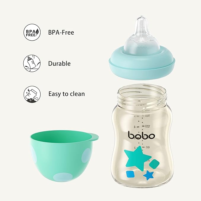 YOHKOH PPSU Baby Bottle Wide Neck, Newborn Anti-Colic Baby Bottle with Natural Response Nipple, Streamlined Body, Easy to Clean (5.4oz (Pack of 2), Blue)-BubblyBeeBaby