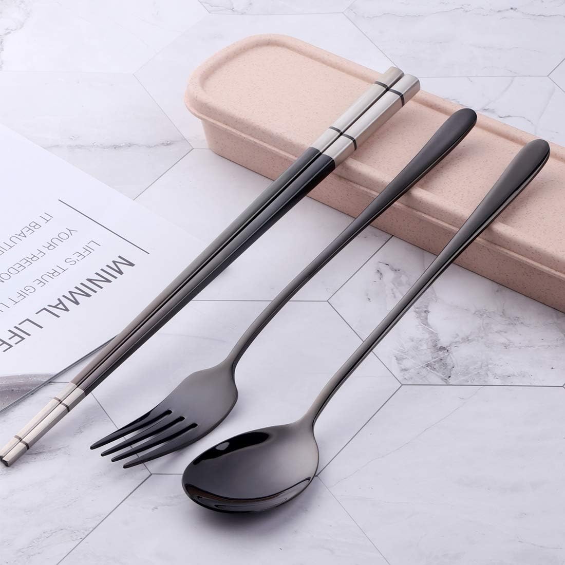3 PCS Outdoor Flatware Set Fork Spoon Chopsticks/Travel Flatware Set with a Case