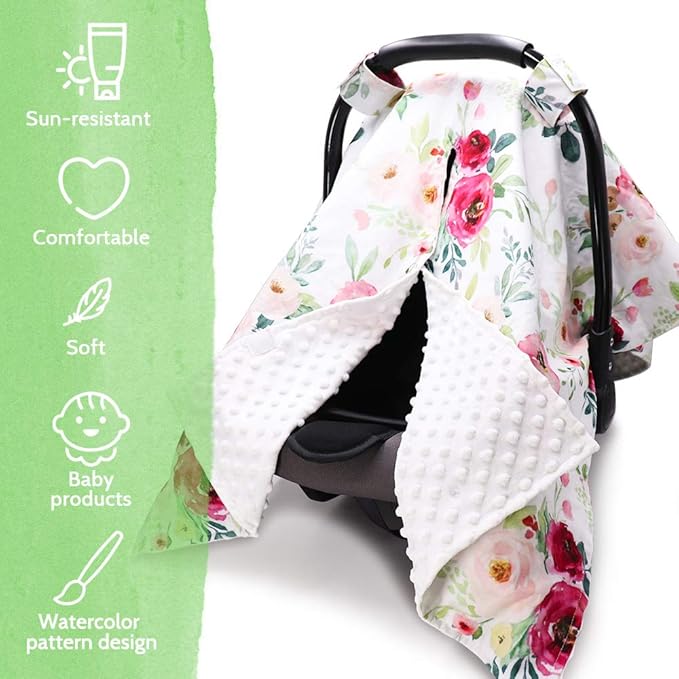 TANOFAR Car Seat Cover Baby, Carseat Covers Baby Boy Girl, Peekaboo Opening Infant Car Seat Cover for Winter, Warm & Cozy, Watercolor Floral-BubblyBeeBaby