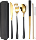 AARAINBOW 6 Pieces 18/8 Stainless Steel Flatware Set Portable Reusable Cutlery Set Travel Utensils Set Including Chopsticks Knife Fork Spoon Straws Cleaning Brush Dishwasher Safe (Black golden)
