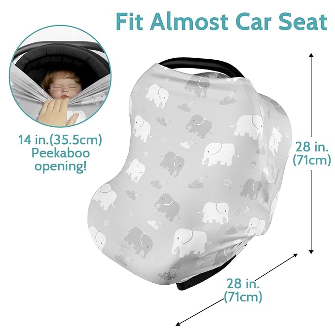 Nursing Cover Breastfeeding, Multi-use Baby Car Seat Covers Boys, Infant Stroller Cover, Stretchy Carseat Canopy, Soft Breathable, Elephant-BubblyBeeBaby