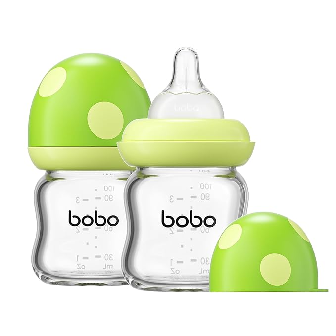 YOHKOH Natural Glass Baby Bottle with Natural Response Nipple, Newborn Anti-Colic Baby Bottles, Wide Neck Mushroom Cap Baby Bottle, Clear (Green, 3.4oz (Pack of 2))-BubblyBeeBaby
