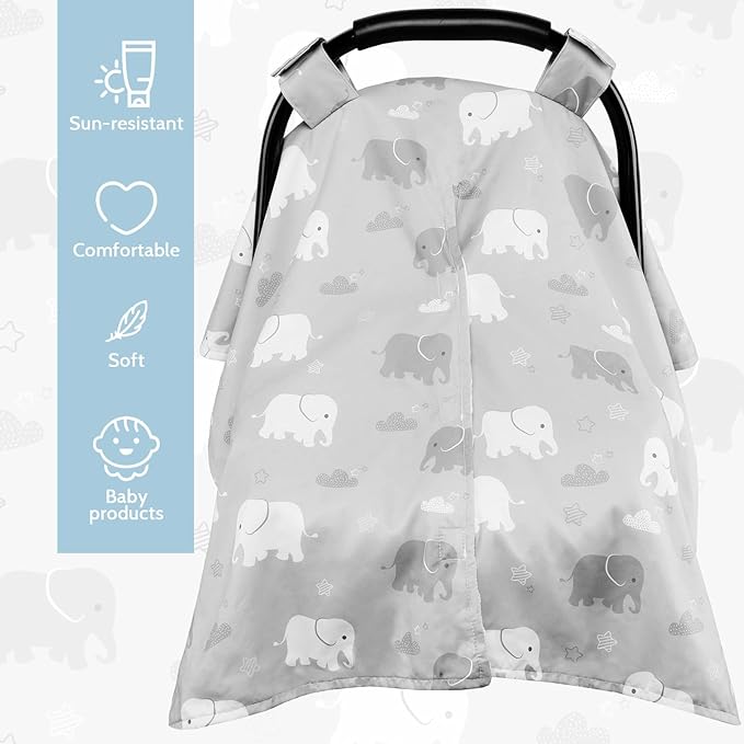 TANOFAR Car Seat Cover Baby, Carseat Covers Baby Boy Girl, Peekaboo Opening Infant Car Seat Cover for Winter, Warm & Cozy, Grey Elephant-BubblyBeeBaby