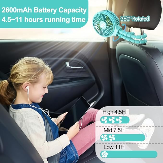 HomeLifairy Portable Stroller Fan, USB or Rechargeable Battery Operated with 3 Speeds and 360°Rotate, Cooling Clip On for Baby Crib Travel Car Seat Blue-BubblyBeeBaby