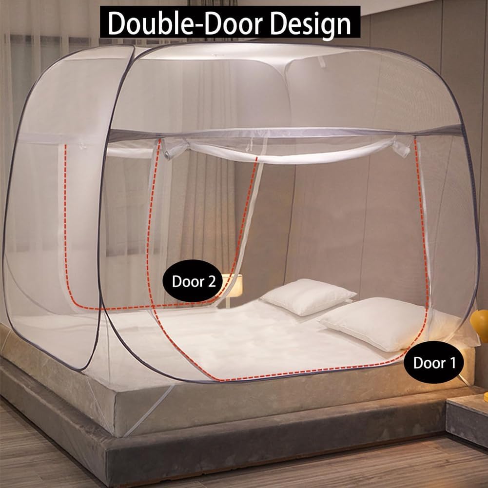 Pop-Up Mosquito Net Tent for Beds Portable Folding Canopy with Net Bottom, Fits Twin to King Size 79x71x59inch, Easy Install Wash for Baby Adults, Indoor Outdoor Use (Gray-Queen Bed)