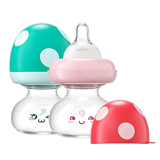 YOHKOH Newborn Glass Baby Bottles with Slow Flow Nipple for 0+ Months, Wide Neck Feeding Bottle, 2.7oz/80ml (Multicolour, 2.7oz (Pack of 2))-BubblyBeeBaby