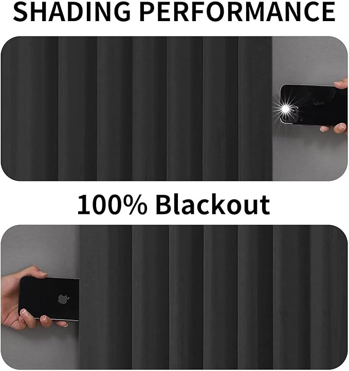 Joydeco 100% Blackout Curtains 108 inches Long for Bedroom Living Room - 2 Panels Set Burg Room Darkening Black Out Curtains for Bedroom Windows, Back tab Rod Pocket(52x108 inch,Black)-BubblyBeeBaby