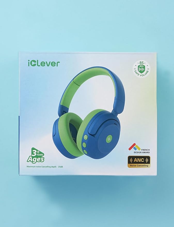 iClever BTH20 Active Noise Cancelling Headphones for Kids, 60H Play Time,Type C Fast Charging, Safe Volume 80dBA, Bluetooth5.4, Award-Winning Kids Headphones Wireless for iPad Tablet Airplane, Blue-BubblyBeeBaby