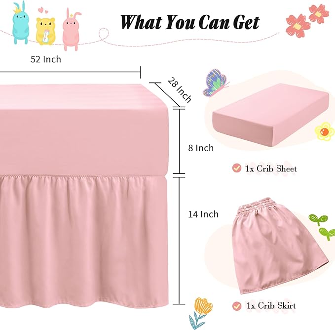 Horbaunal 2 Pack Set Crib Skirt & Crib Bed Sheet, Pink Crib Bed Skirt 28" x 52" with 14" Drop Dust Ruffle, Soft Microfiber Toddler Bedskirt Nursery Bedding Skirt for Baby Girls and Boys-BubblyBeeBaby
