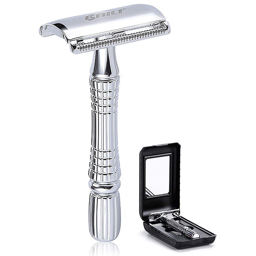 BAILI Classic 3-Piece Double Edge Safety Razor Wet Shaving for Men Women with Platinum Blade and Mirrored Travel Case BD176