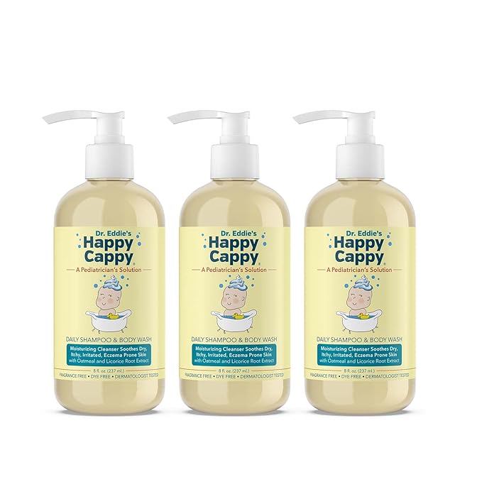 Happy Cappy Baby Shampoo and Body Wash - Eczema Body Wash for Kids & Toddlers, Helps with Dryness, Reduces Itching and Redness, Dermatologist Tested, Fragrance Free - 8 Fl Oz (Pack of 3)-BubblyBeeBaby