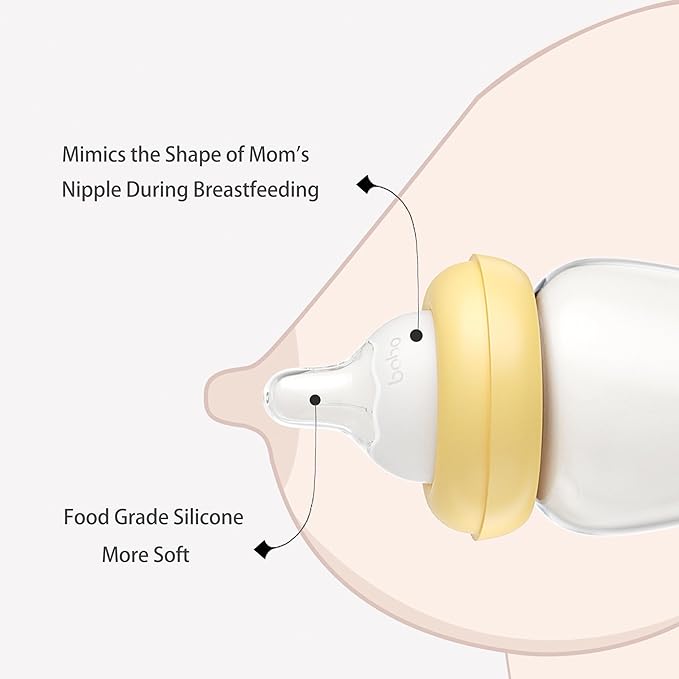 YOHKOH Natural Glass Baby Bottle with Natural Response Nipple, Newborn Anti-Colic Baby Bottles, Wide Neck Mushroom Cap Baby Bottle, Clear (8.8ounce (Pack of 2), Yellow2)-BubblyBeeBaby