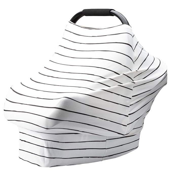 Car Seat Cover Baby – Multi-use Nursing Cover-Up for Breastfeeding, Carseat Canopy Cover, Stretchy Infant Stroller Covers for Boys and Girls (White with Black Stripes)-BubblyBeeBaby