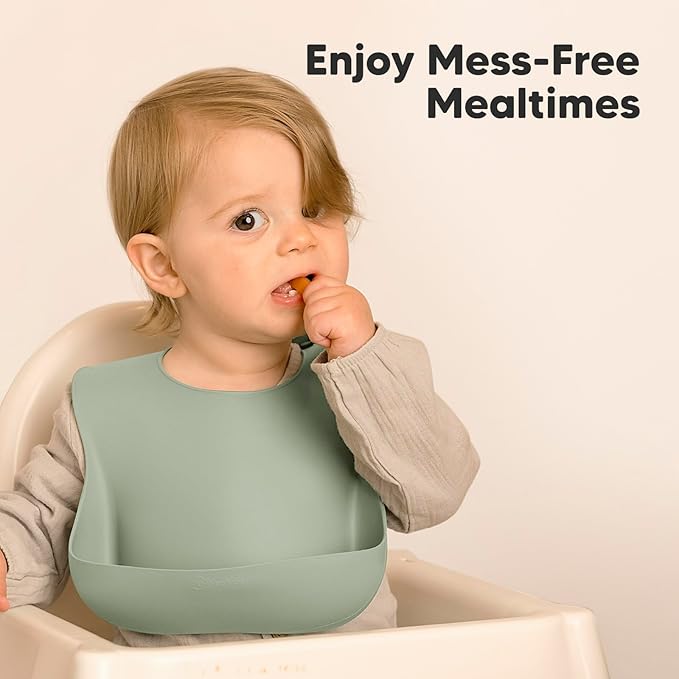 KeaBabies 2-Pack Silicone Baby Bibs for Eating - Sturdy Food-Grade Silicone Bibs for Babies Girl, Boy, Large Food Catcher, Clean & Put On Easily, Waterproof Toddler Feeding Essentials (Sage)-BubblyBeeBaby