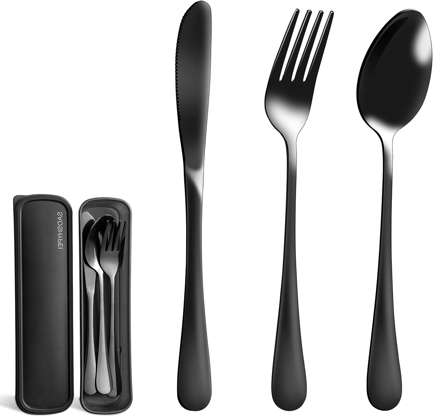 Portable Utensils Set with Case, 4pcs Stainless Steel Reusable Silverware for Lunch Camping School Picnic Workplace Travel, Lunch Box Includ Fork Spoon Knife,Easy to clean,Dishwasher Safe(Black)