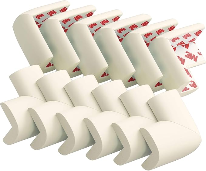 12 Pack Corner Protector Baby Proofing Edge and Corner Guards, Soft Safety Pre-Taped Rubber Foam Furniture Bumpers for Fireplace, Table, Stair, Cabinet (Off White)-BubblyBeeBaby