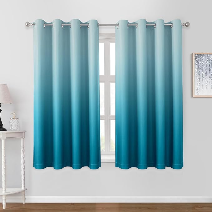 HOMEIDEAS Turquoise Ombre Blackout Curtains 52 X 63 Inch Length Gradient Room Darkening Thermal Insulated Energy Saving Grommet 2 Panels Window Drapes for Living Room, Bedroom-BubblyBeeBaby