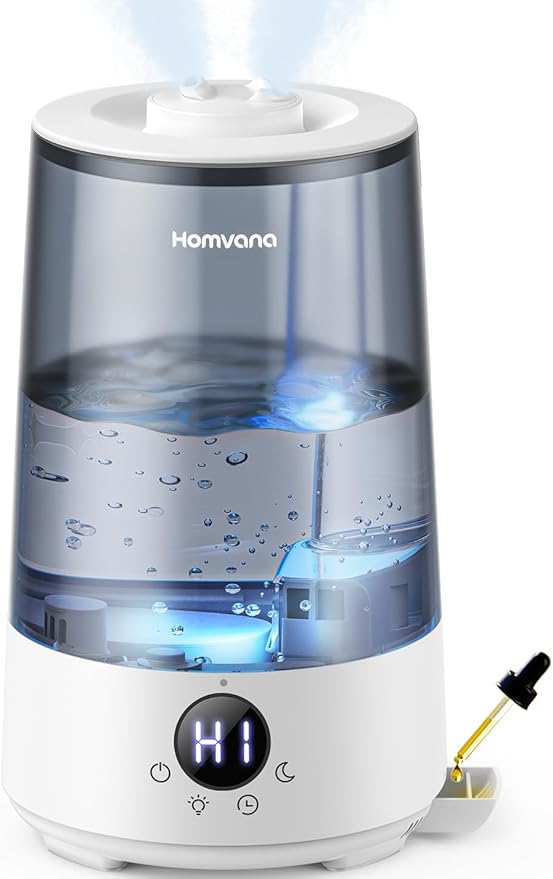 Homvana Humidifiers for Bedroom Home, 3.6 L Cool Mist Top-Fill 34H Super Long Time, Quiet 23dB, Baby Humidifier, Oil Diffuser for Large Room, Plants, Nursery, Office BPA FREE, 7 Color Light Ultrasonic-BubblyBeeBaby