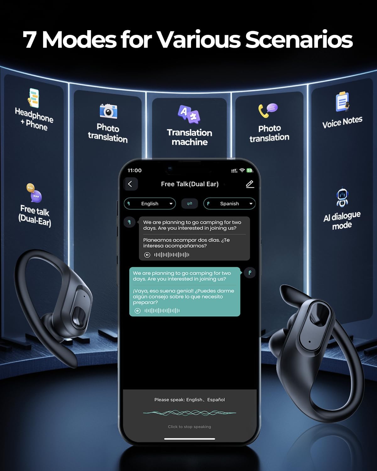 AI Translation Earbuds Real Time, 164 Language Translator Earbuds, 96H Playtime Translation Headphones, Noise Canceling, Audifonos Traductores Inglés Español for Business Meeting Travel Learning