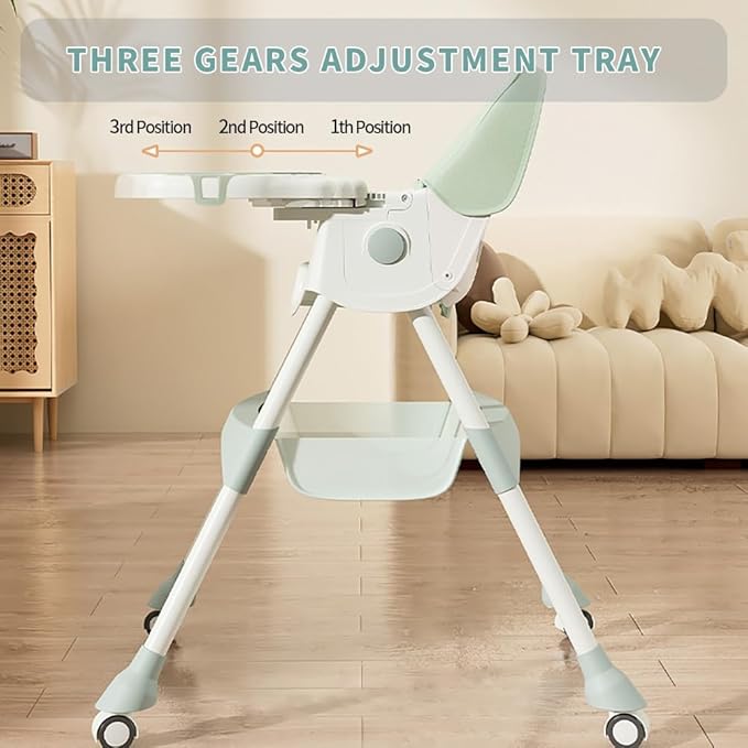 High Chairs for Babies and Toddlers, 4 in 1 Convertible Baby High Chair, Portable High Chair for Travel with Adjustable Height and Back, Foldable HighChair with Wheels& Pu Cushion (Green)-BubblyBeeBaby