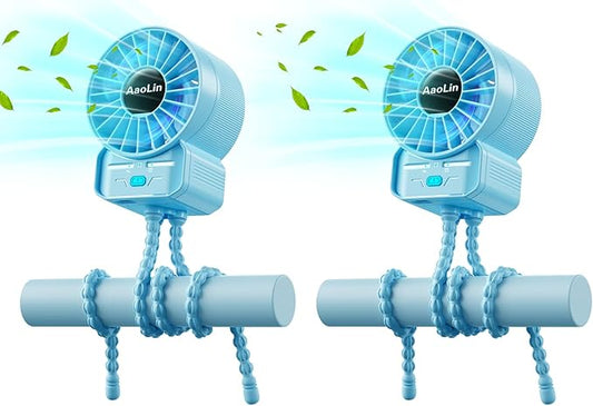 2 Pack Multifunctional Portable Stroller Fan 4 Speed 6600rpm High Speed Usb Rechargeable Personal Mini Handheld Fan Extended Tripod for Desktop Winding Kids Bed Treadmill Bike Golf Cart Outdoor Travel-BubblyBeeBaby