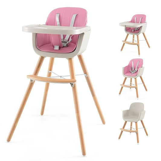 HONEY JOY High Chair, 3-in-1 Eat & Grow Wooden Highchair/Booster Seat/Toddler Chair with Removable Tray, 5-Point Harness, PU Cushion and Footrest for Baby, High Chair for Babies and Toddlers(Pink)-BubblyBeeBaby