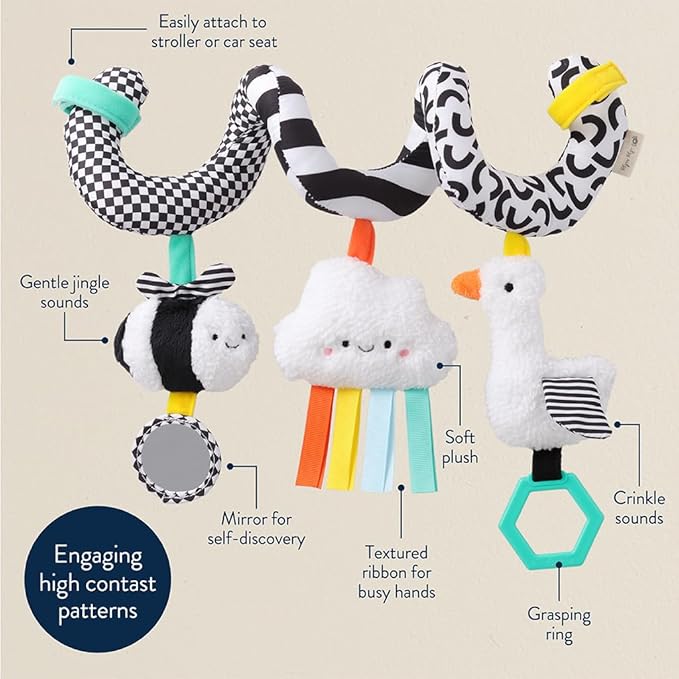 Itzy Ritzy Spiral Car Seat & Stroller Activity Toy - Stroller & Car Seat Toys for Ages 0 Months and Up - Hanging Toys Include Dangling Ring, Mirror and Textured Ribbons (High Contrast)-BubblyBeeBaby
