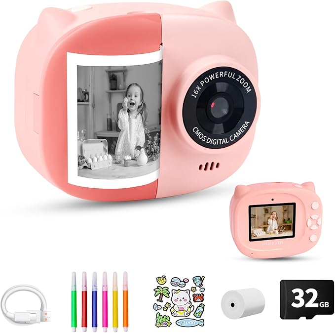 Instant Print Camera Toy for Kids, Girls Birthday Gifts for 3 4 5 6 7 8 Year Old Learning Music Story Player, 1080P HD Dual-Lens Creative Instant Camera (Pink)-BubblyBeeBaby