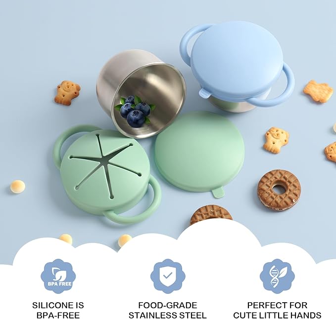 2 Pack Snack Cups for Toddlers Spill Proof - Detachable Stainless Steel Toddler Snack Cups with Silicone Lids & Handles - Dishwasher Safe Baby Snack Containers for Mess-Free Snacking (Blue and Green)-BubblyBeeBaby