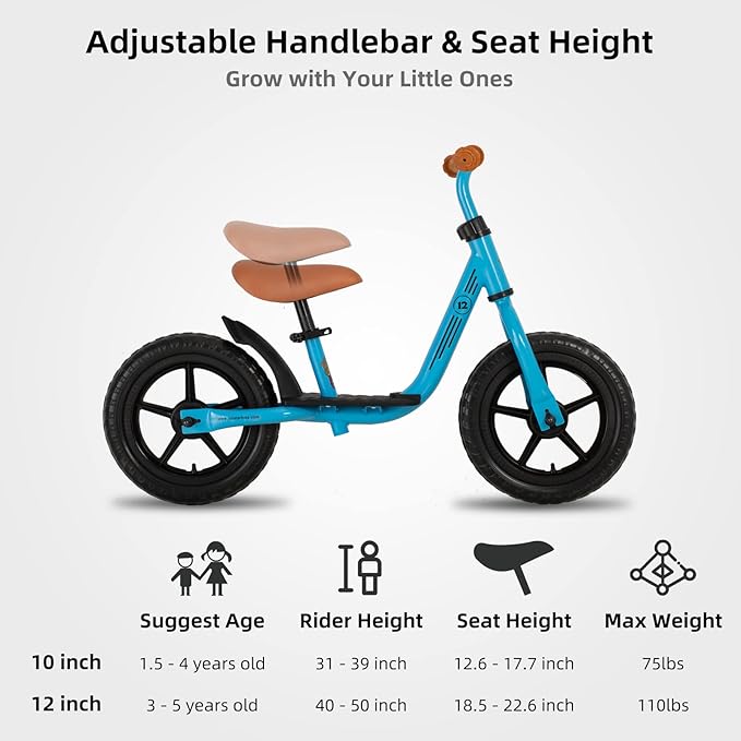 JOYSTAR 10"/12" Toddler Balance Bike for Girls & Boys, Ages 18 Months to 5 Years, Kids Push Bike with Footrest & Adjustable Seat Height, First Birthday Gifts for 2-5 Boys Girls-BubblyBeeBaby