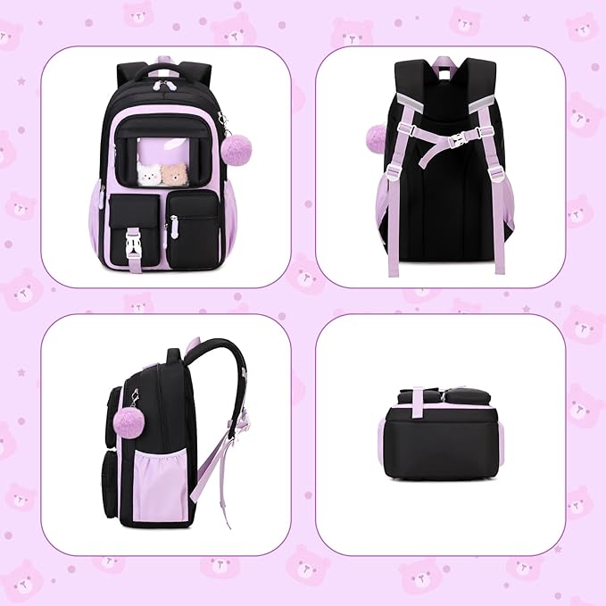 Kids Backpack for Girls School Bags for Middle School Students Book Bag for Elementary Primary Kawaii Ita Backpack, Black and Purple-BubblyBeeBaby