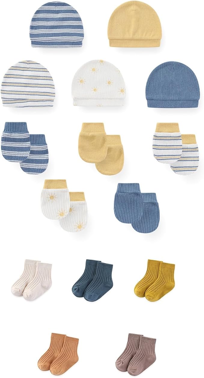 15 Pack Unisex New Born Boy Girls No Scratch Mittens Sets Cotton Soft Baby Gloves Hats socks Accessory 0-6 Months-BubblyBeeBaby