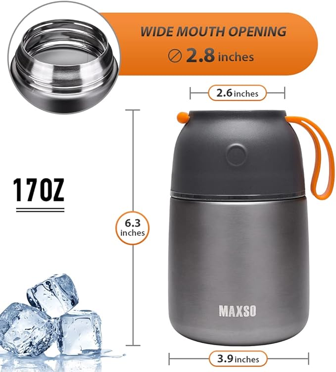 Insulated Thermo Food Jar for Hot & Cold Food for Kids Adult, 17 oz Soup Thermal Hot Food Containers for Lunch, Triple Layer Insulation Stainless Steel Food Jar with Spoon (Grey)-BubblyBeeBaby
