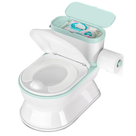 2-in-1 Toddler Potty Training Toilet - Larger Potty Chair & Detachable Training Seat for Boys & Girls Ages 1-3 with Flushing Sound, Wipes Storage, Toilet Paper Holder - Cyan-BubblyBeeBaby