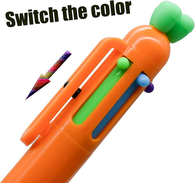 10 pieces Carrot-Shaped 6-Color Retractable Ballpoint Pens, Cute Vegetable Design Multicolor Writing Pens for School, Office, Note-Taking, Journaling (Assorted Colors)-BubblyBeeBaby