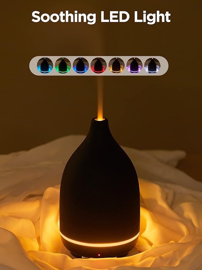 InnoGear Oil Diffuser, 150ML Ceramic Diffuser for Essential Oils Handcrafted Aromatherapy Diffuser Ultrasonic Cool Mist Humidifier with 2 Mist Modes Waterless Auto Off for Room Office, Black-BubblyBeeBaby