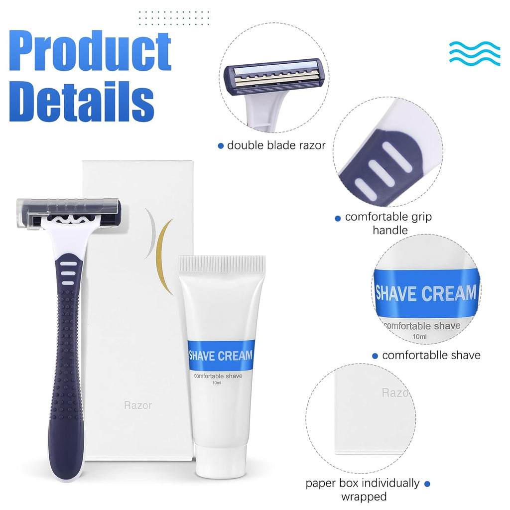 Hushee Shave Kit Bulk Travel Shaving Cream Disposable Twin Blade Razors and Cream Individually Wrapped Smooth Razor with Clear Cap Toiletries for Hotel Shelter Camping Travel Homeless (100 Pack)