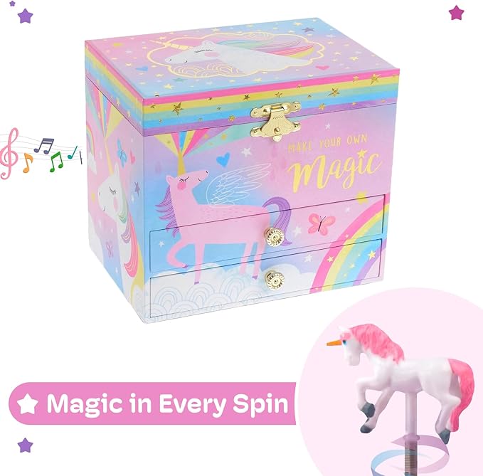 Jewelkeeper Unicorn Musical Jewelry Box for Girls - Cotton Candy Unicorn Design Music Box with 2 Pullout Drawers to Store Earrings, Necklace and Bracelets, Plays The Beautiful Dreamer Tune-BubblyBeeBaby