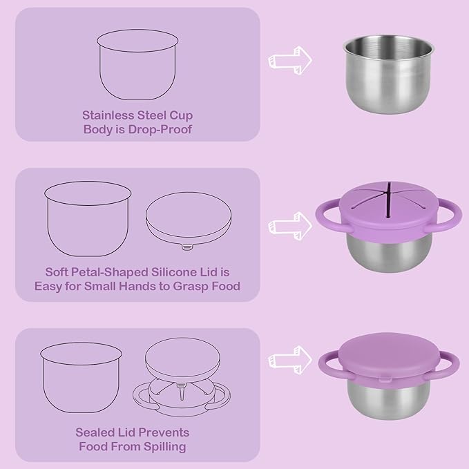 2 Pack Snack Cups for Toddlers Spill Proof - Detachable Stainless Steel Toddler Snack Cups with Silicone Lids & Handles - Dishwasher Safe Baby Snack Containers for Mess-Free Snacking (Red and Purple)-BubblyBeeBaby