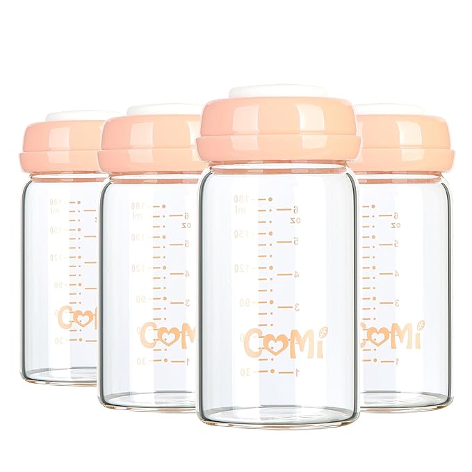 COMI Wide Neck Glass Breastmilk Collection n Storage Bottle, 4 Packs, 6oz with Screw Ring Sealing Disk; Re-markable Sealing Disc. BPA Free, Fits Breast Pumps & Nipples (4 Pink Lids)-BubblyBeeBaby