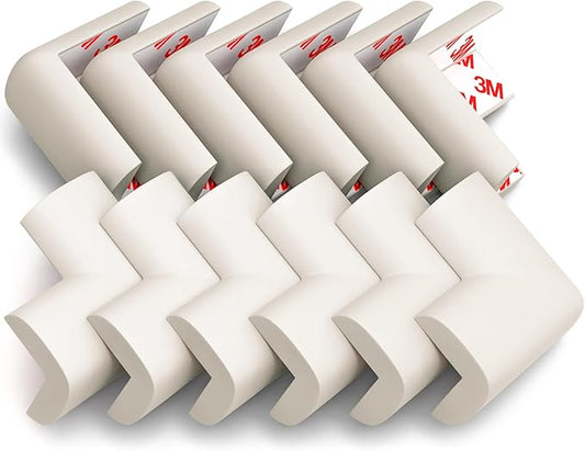 12-Pack Corner Protectors Baby Proof, Furniture Corner and Edge Safety Bumpers, Soft Rubber Foam Cushion Covers, 3M Taped Corner Guards, Baby Child Proofing Pads, Table Corner Protectors, White-BubblyBeeBaby