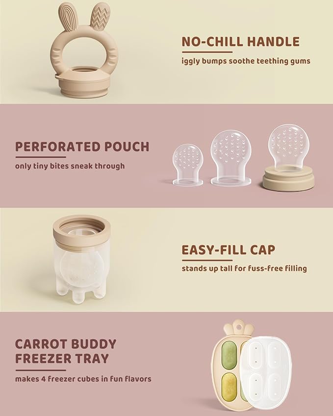 2 Packs Baby Fruit Feeder & Freezer Nibble Tray Combo, Push Pop Baby Food Feeder to Safely Introduce New Foods, Fresh & Frozen Food Silicone Feeder, 100% Food Grade, BPA Free (Caramel & Pink)-BubblyBeeBaby