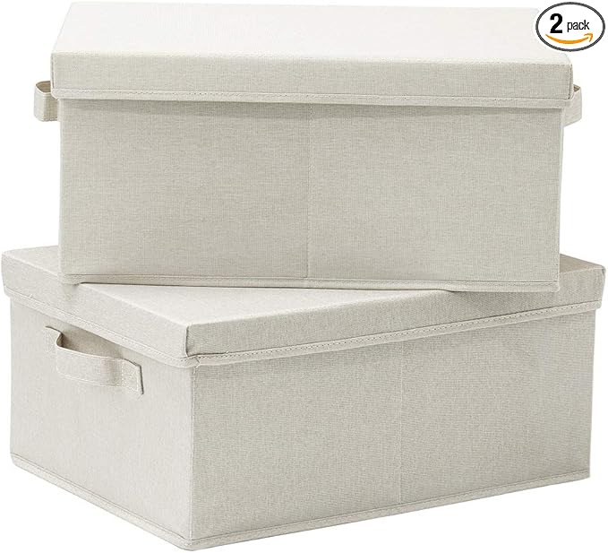 HOONEX Foldable Storage Bins with Lids, 2 Pack, Storage Boxes with Carrying Handles and Sturdy Heavy Cardboard, 16.5" L x 11.8" W x 7.5" H for Shoes, Books, Clothes, Linens, Beige-BubblyBeeBaby
