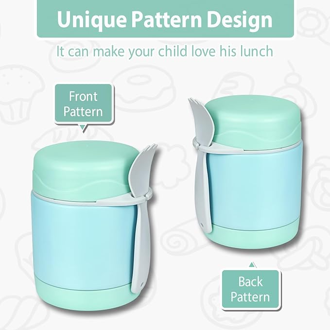 10oz Soup Thermo for Hot Food Kids,Lunch Thermo Kids Food Jar with Spoon Hot Insulated Food Containers,Leak Proof Stainless Steel Wide Mouth Lunch Food Thermo Jar for School(Mint-Green)-BubblyBeeBaby