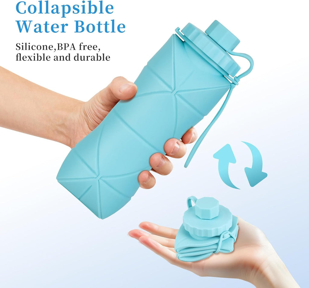 YCT Collapsible Silicone Travel Water Bottle 20oz (600ml), Reuseable Leakproof BPA Free Foldable Sports Bottle, with Carrying Strap, Dark Gray + Blue