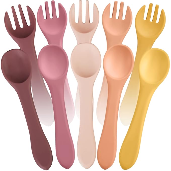 10 Pieces Baby Led Weaning Spoons and Forks Set Infant Silicone Spoon First Self Feed Baby training Utensils for Toddler First Stage Feeding Supplies for Kids Over 6 Months, 5 Pairs (Bright Colors)-BubblyBeeBaby