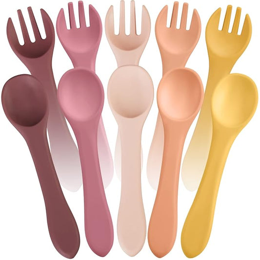 10 Pieces Baby Led Weaning Spoons and Forks Set Infant Silicone Spoon First Self Feed Baby training Utensils for Toddler First Stage Feeding Supplies for Kids Over 6 Months, 5 Pairs (Bright Colors)-BubblyBeeBaby