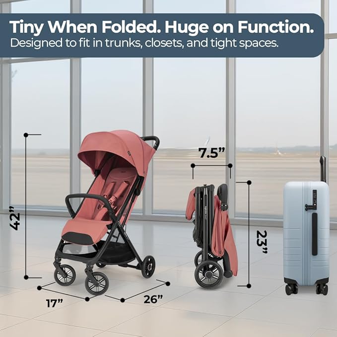 Inglesina Quid³ Stroller, Aurora Pink - Compact Reclining Travel Stroller for Baby & Toddler 0-55 lbs, One Hand fold, Car seat Compatible, Airplane Overhead, Lightweight, Foldable, XL UPF 50+ Canopy-BubblyBeeBaby